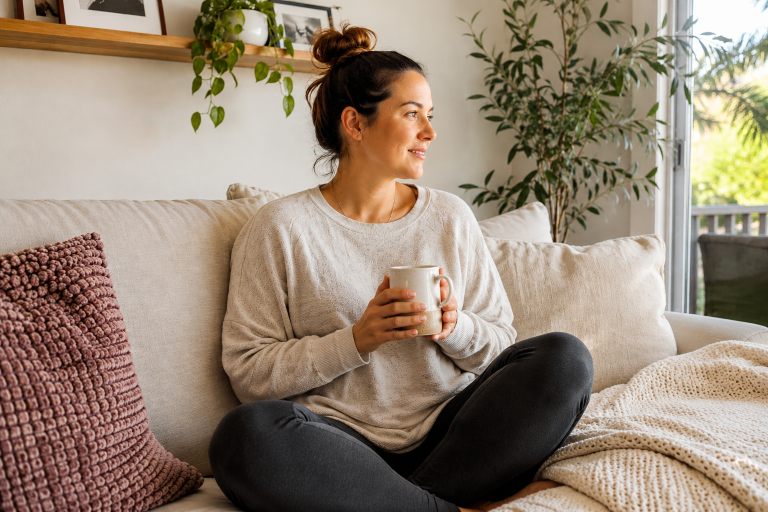 Postpartum mom finding relief from tailbone pain through pelvic floor physical therapy with Floora PT in Sacramento